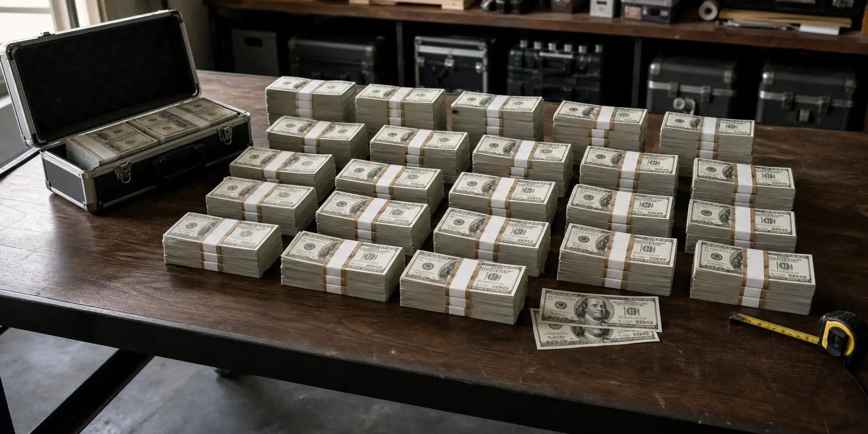Organized stacks of film prop money on a wooden production worktable beside an open equipment case.