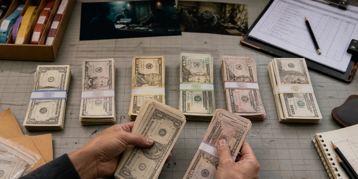 Prop master compares mixed denominations of production prop money for an upcoming scene.