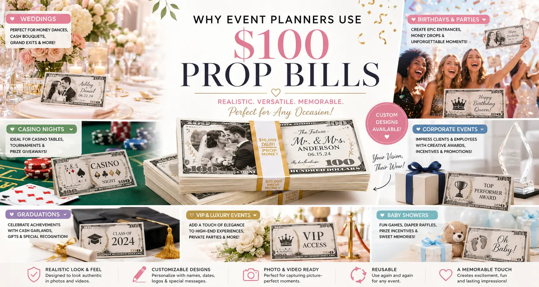 Luxury casino-themed event setup featuring realistic prop money stacks, VIP table displays, fake cash bundles, poker chips, and cinematic party decor for Hollywood-style entertainment events