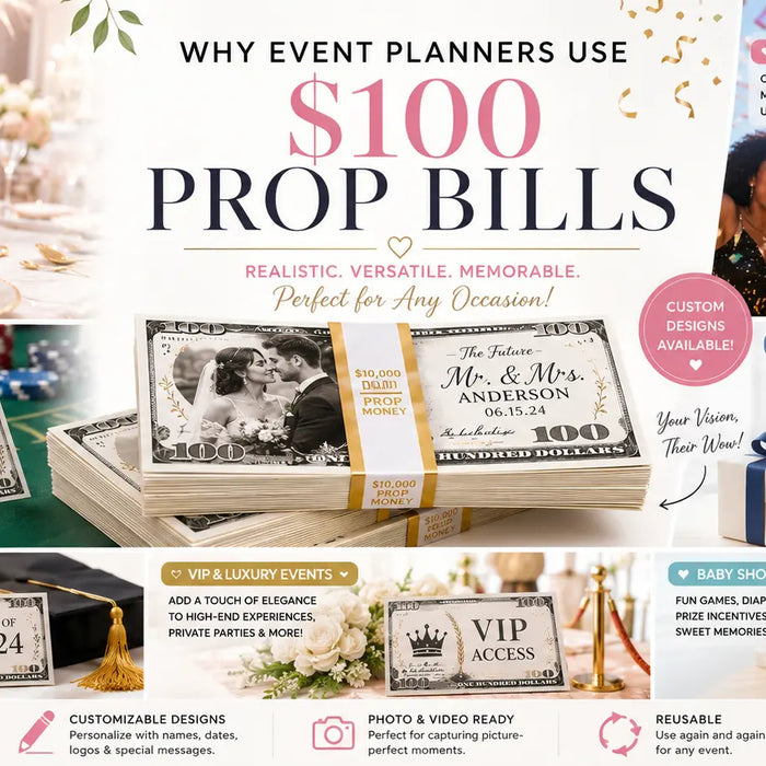 Luxury casino-themed event setup featuring realistic prop money stacks, VIP table displays, fake cash bundles, poker chips, and cinematic party decor for Hollywood-style entertainment events