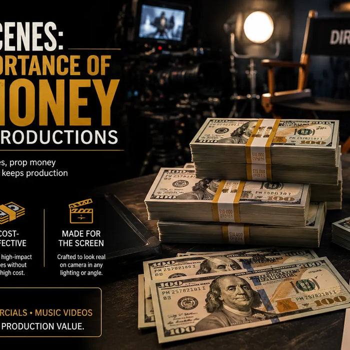 Realistic movie prop money stacks used in cinematic cash scenes for films, TV shows, crime dramas, casino scenes, and music video productions