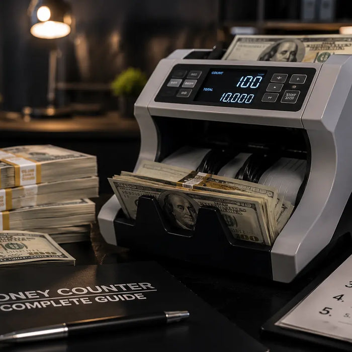 Professional money counter machine counting realistic prop money stacks for film productions, business cash handling, casino events, and cinematic cash scenes