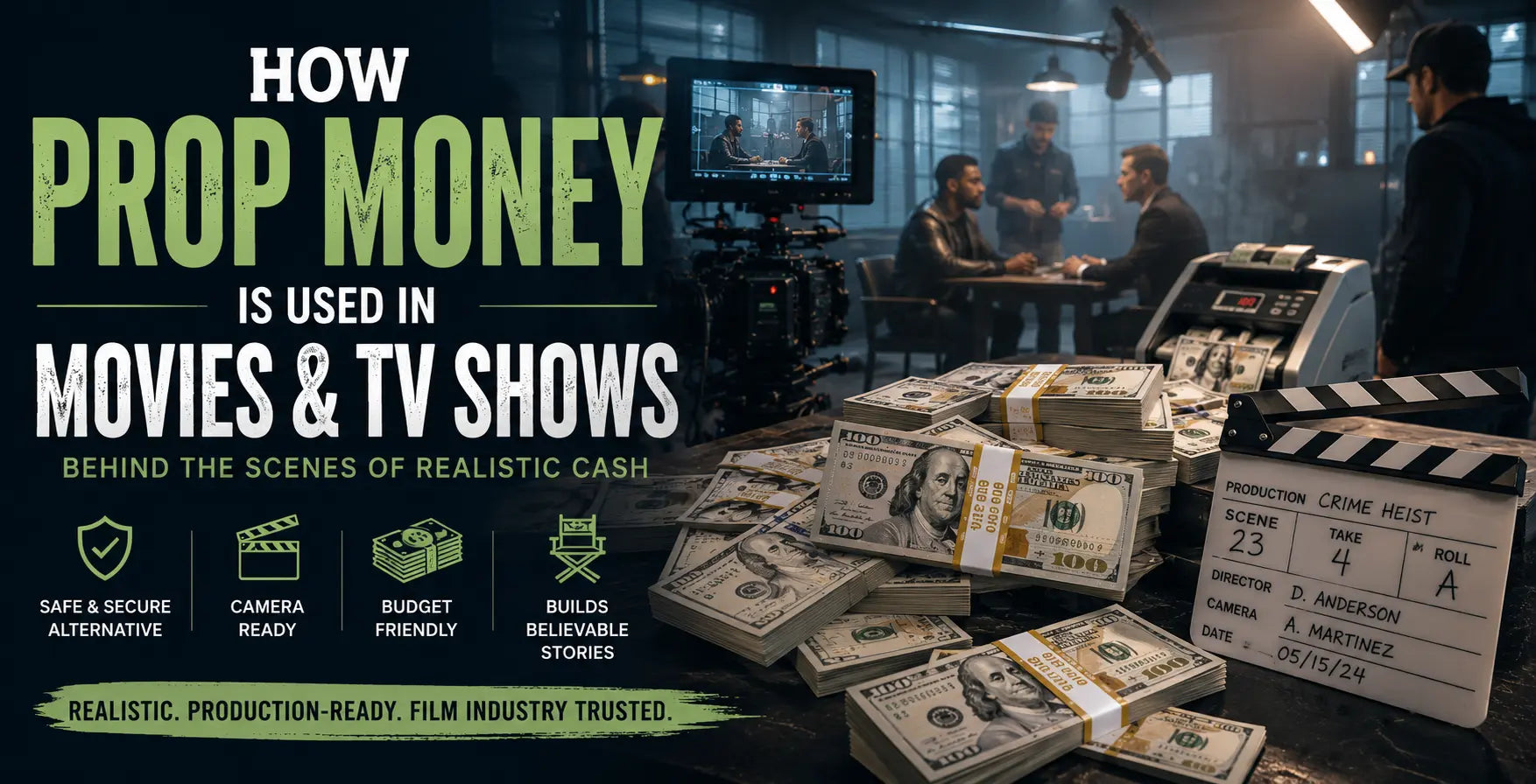 Realistic prop money stacks and cinematic fake cash used in movies, TV shows, commercials, music videos, and Hollywood film productions