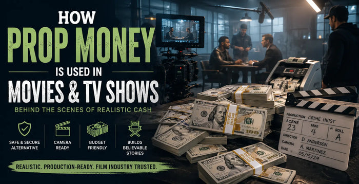 Realistic prop money stacks and cinematic fake cash used in movies, TV shows, commercials, music videos, and Hollywood film productions