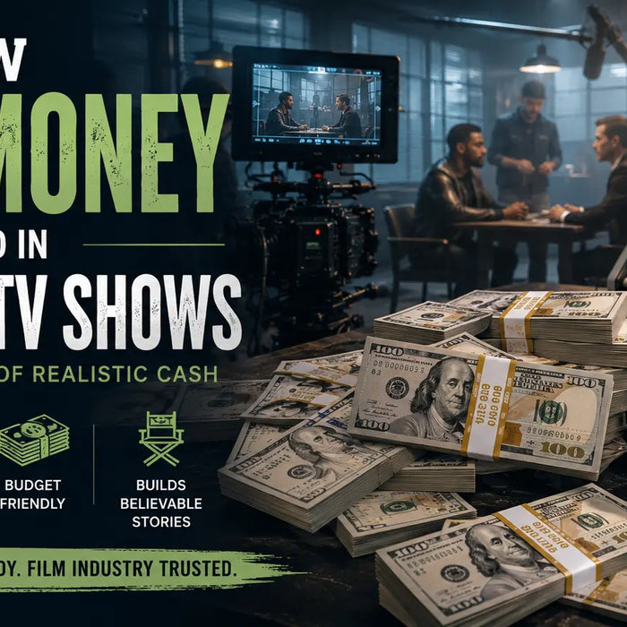 Realistic prop money stacks and cinematic fake cash used in movies, TV shows, commercials, music videos, and Hollywood film productions
