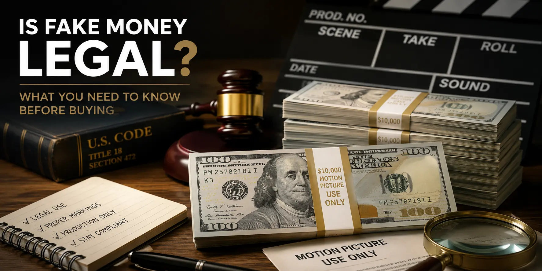 Realistic fake prop money stacks used for movies, TV productions, photography, training simulations, and cinematic cash scenes