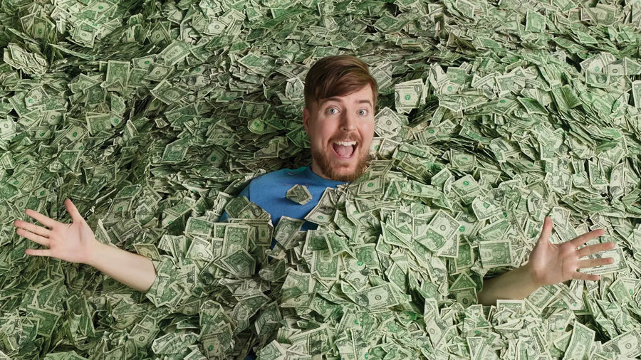 MrBeast surrounded by massive stacks of realistic prop money used for viral YouTube production visuals and entertainment content.