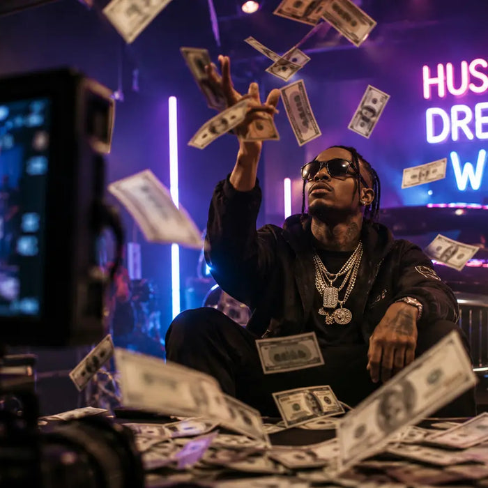 Realistic prop money stacks and fake cash bundles used in rap videos, music videos, luxury photography, and cinematic entertainment productions