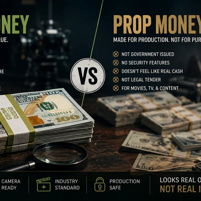 Movie prop money stacks and realistic fake cash used in films, TV shows, music videos, and cinematic entertainment productions