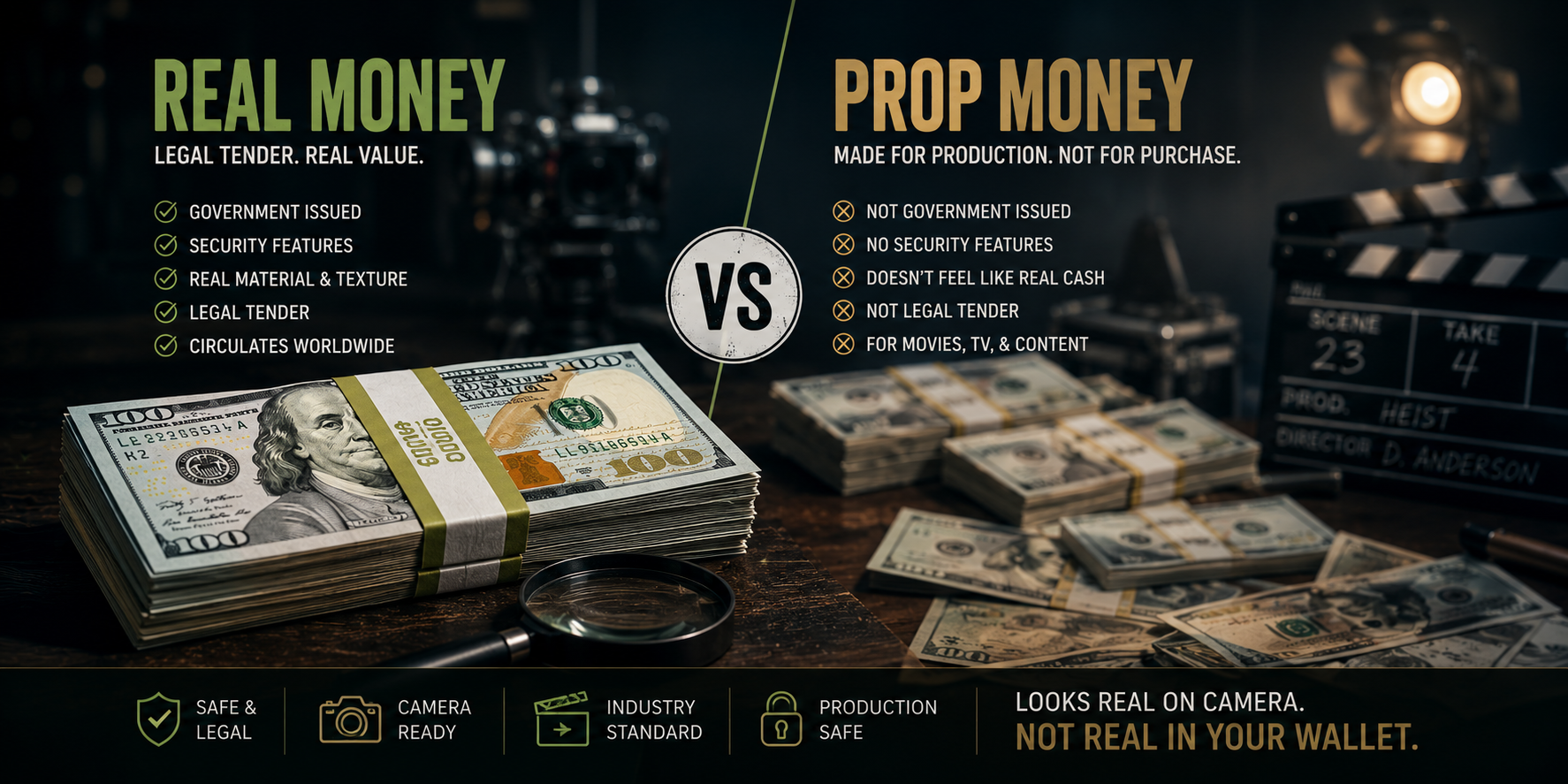 Side-by-side comparison of real money and prop money used in movies and TV productions, showing legal tender security features versus production-safe fake cash for filmmaking and entertainment use.