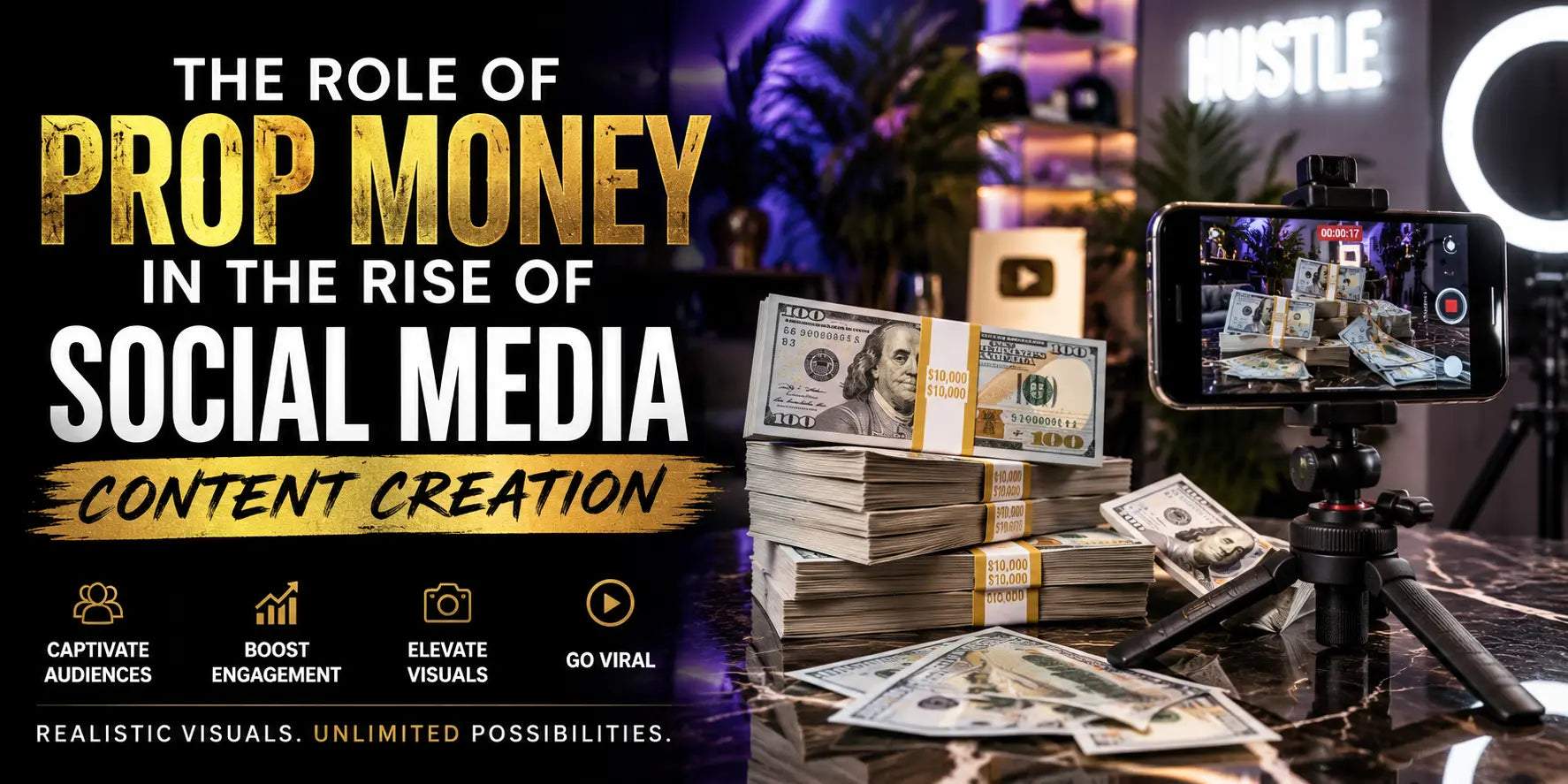 Luxury-themed social media content setup featuring realistic prop money stacks, cinematic cash spreads, influencer production props, money counters, and premium visual branding used for TikTok, Instagram, YouTube, and music video content creation.