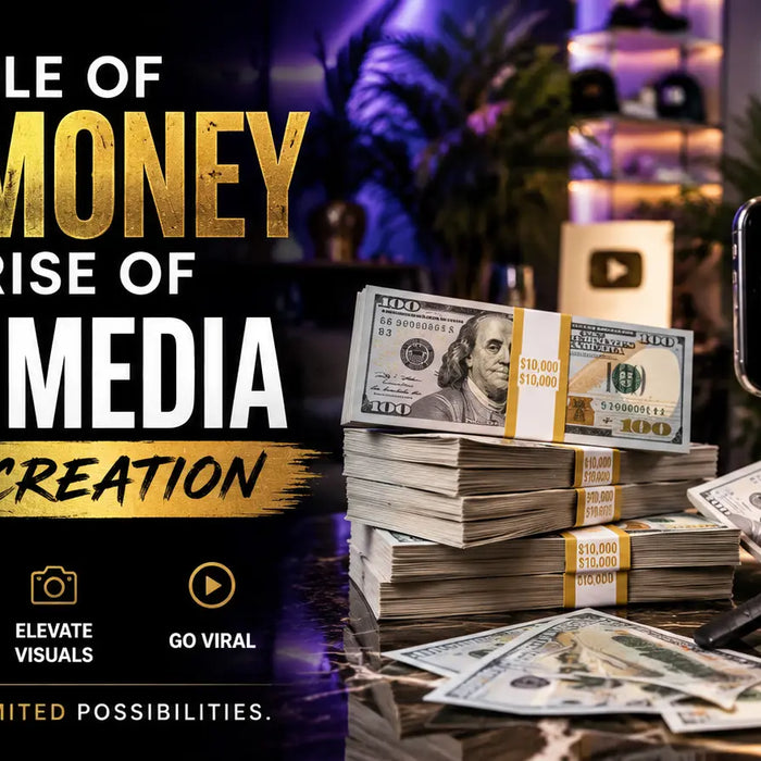 Luxury-themed social media content setup featuring realistic prop money stacks, cinematic cash spreads, influencer production props, money counters, and premium visual branding used for TikTok, Instagram, YouTube, and music video content creation.