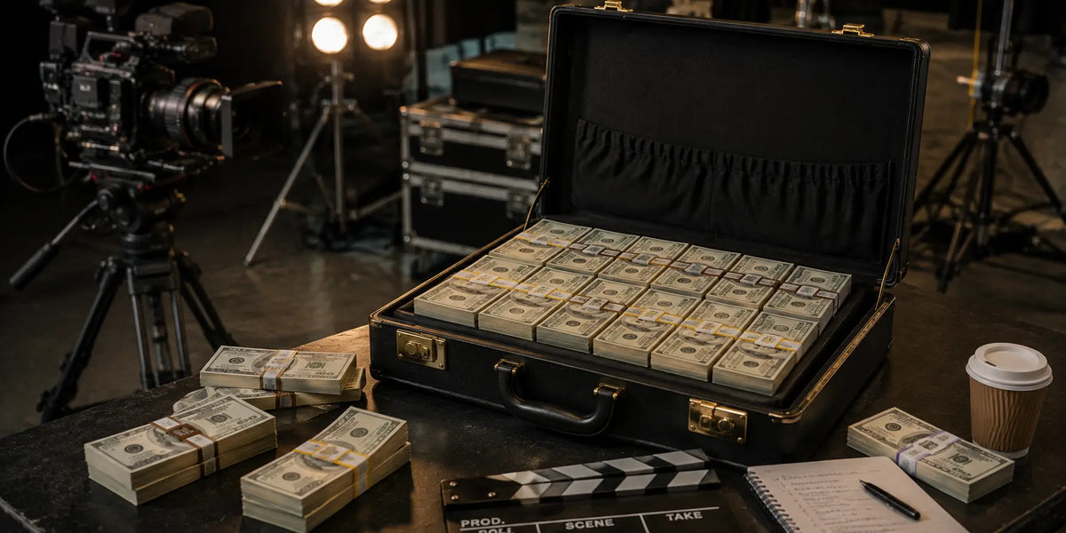 Realistic prop money stacks and cinematic fake cash used in movies, TV shows, music videos, photography, commercials, and entertainment productions