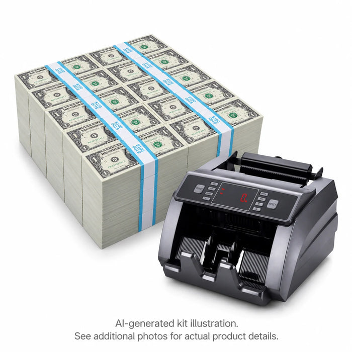 AI-generated illustration of 100 $1 Full Print prop money stacks beside a money counter; see additional photos for actual product details