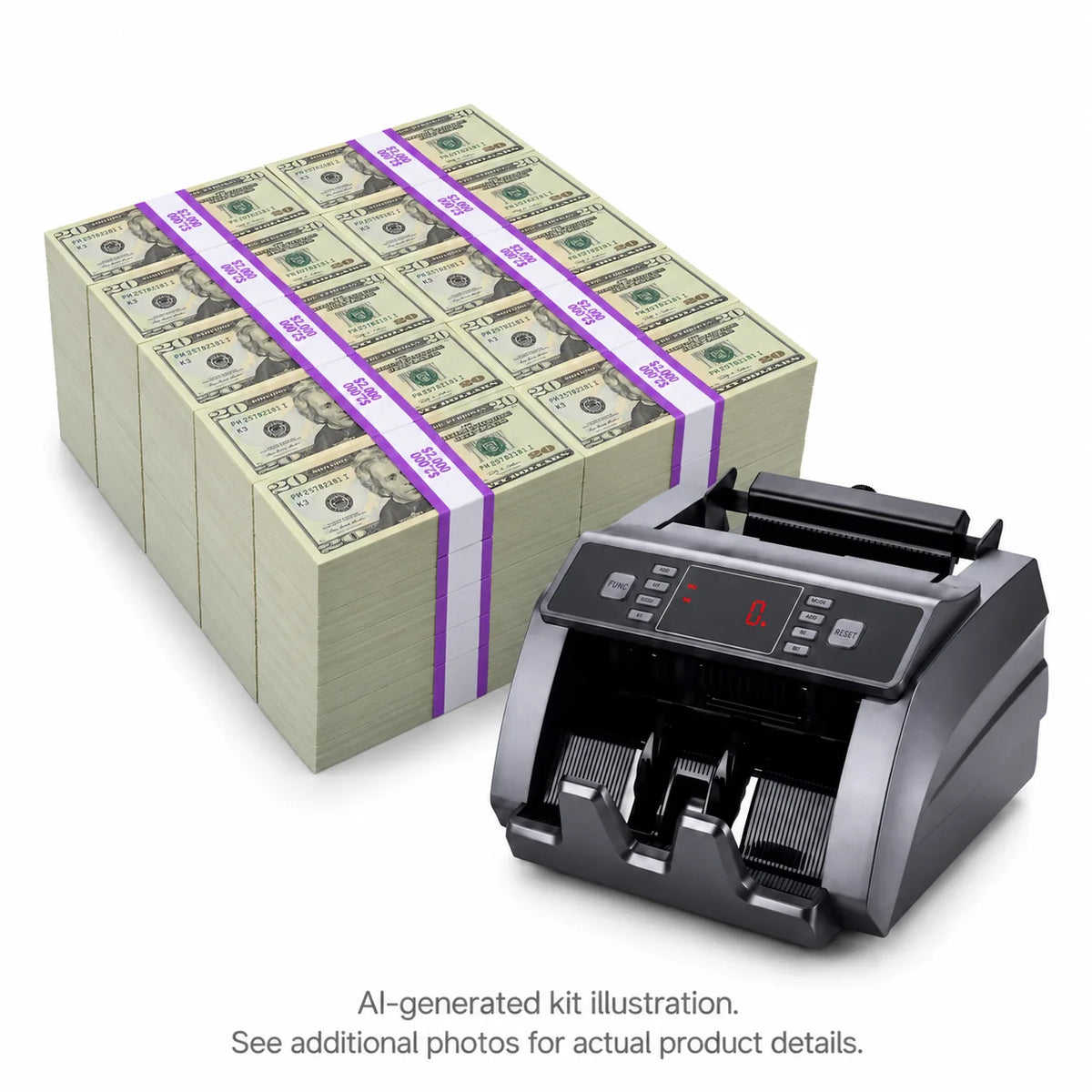 AI-generated illustration of 100 Full Print $20 prop money stacks beside a money counter; see additional photos for actual product details