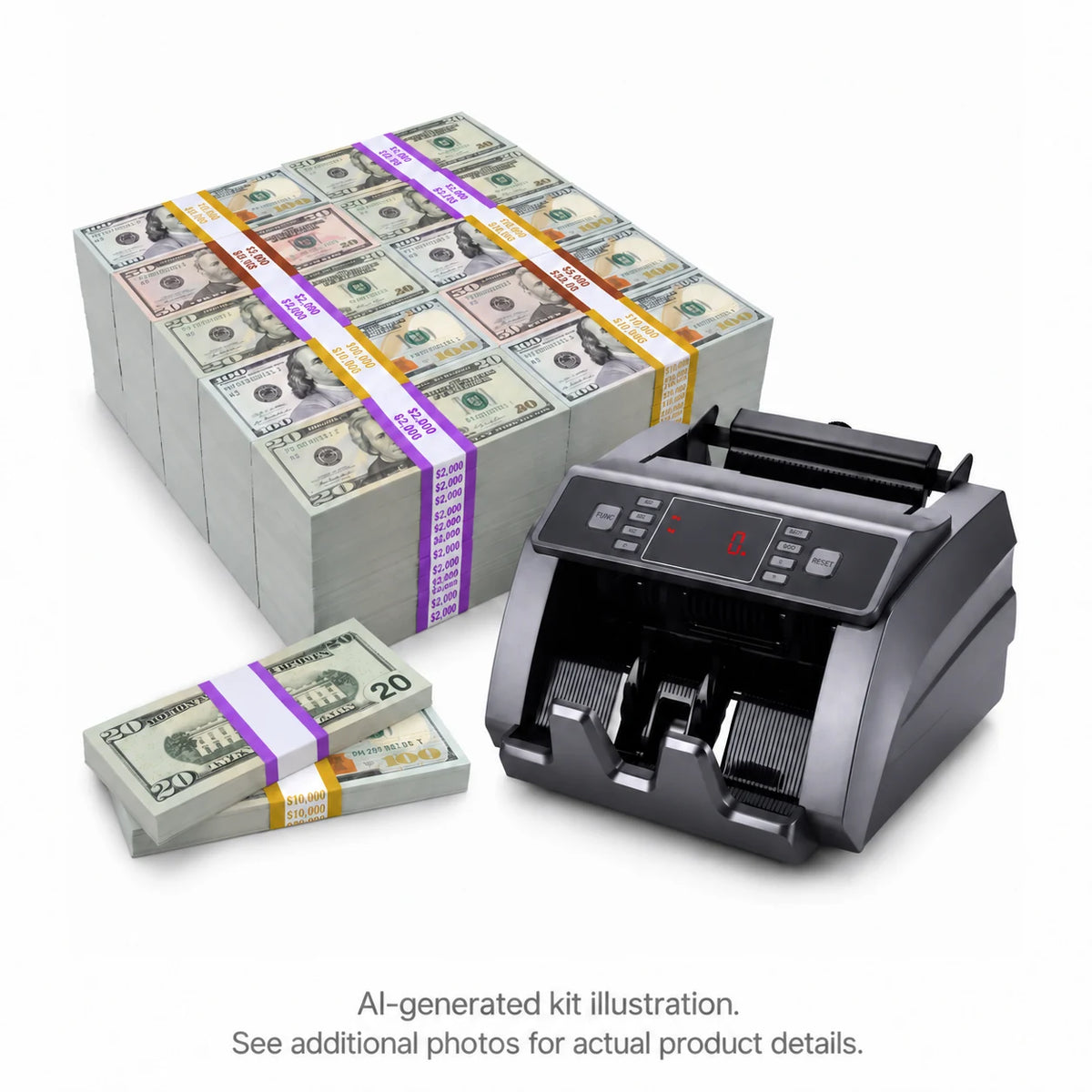 AI-generated illustration of mixed $20, $50 and $100 prop money stacks beside a money counter, with purple, brown and gold bands on a white background. See additional photos for actual product details.