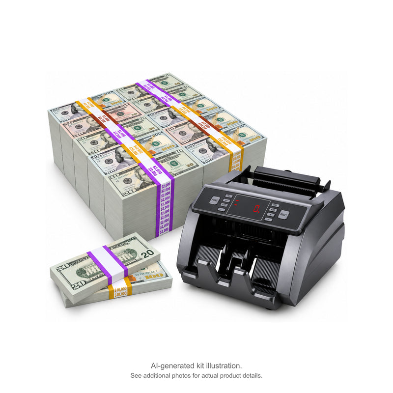 AI-generated illustration of mixed $20, $50 and $100 prop money stacks beside a money counter, with purple, brown and gold bands on a white background. See additional photos for actual product details.