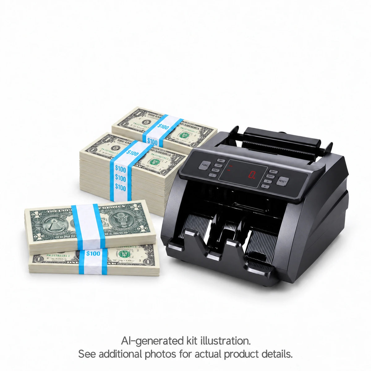 AI-generated illustration of cyan-banded $1 prop money stacks beside a gray money counter, with front- and reverse-facing bundles in front. See additional photos for actual product details.