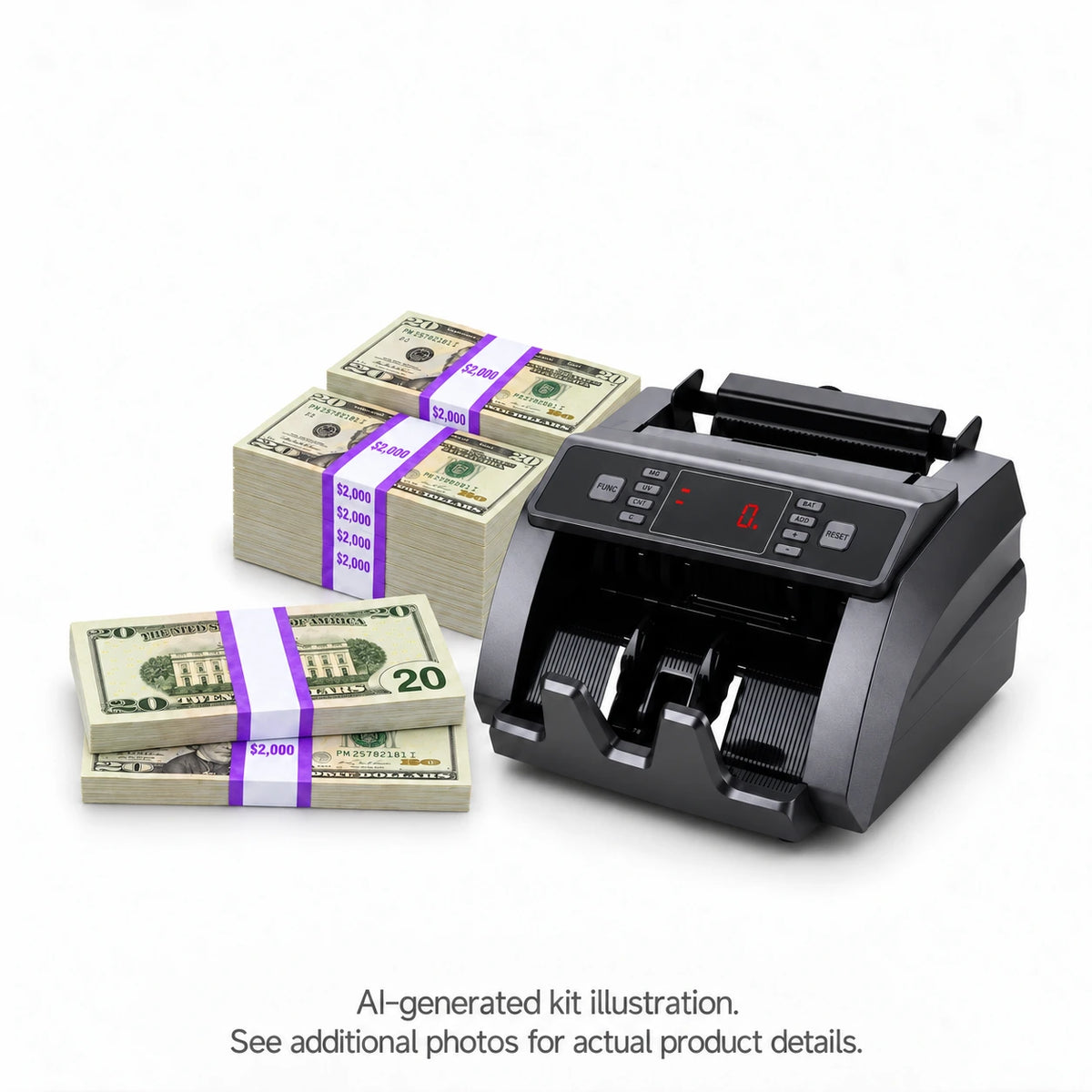 AI-generated illustration of purple-banded $20 prop money stacks beside a gray money counter, with two overlapping bundles in front. See additional photos for actual product details.