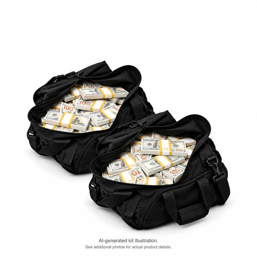 AI-generated illustration of 2 black duffel bags filled with fresh gold-banded $100 Full Print prop money stacks; 100 stacks in the kit. Money counter not included. See additional photos for actual product details.