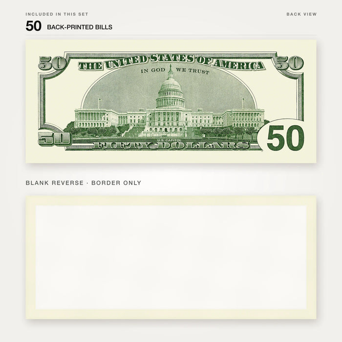 $50 2000s Close-Up prop bill: back-printed bill above its blank bordered reverse.