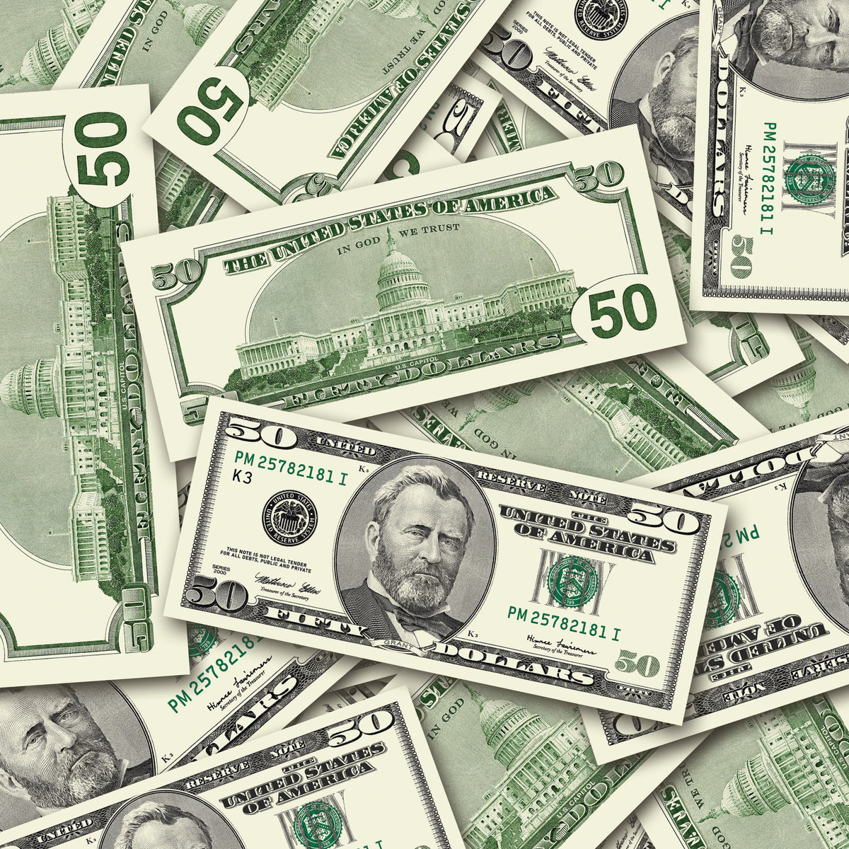 $50 2000s Close-Up prop bills with printed fronts and backs scattered randomly; one complete front and back centered.