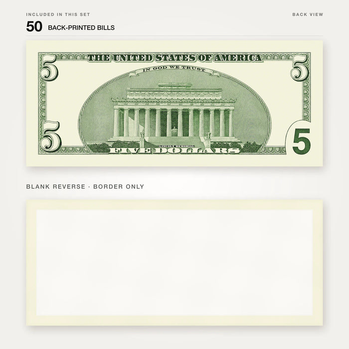 $5 2000s Close-Up prop bill: back-printed bill above its blank bordered reverse.