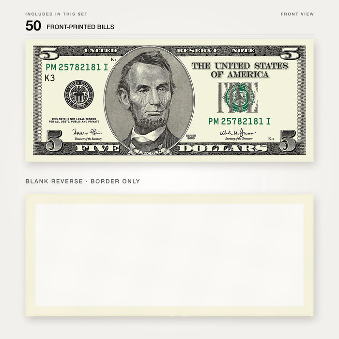 $5 2000s Close-Up prop bill: front-printed bill above its blank bordered reverse.