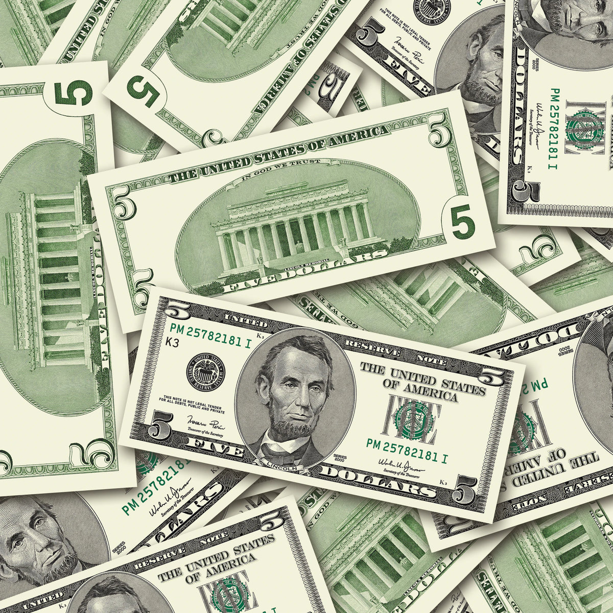 $5 2000s Close-Up prop bills with printed fronts and backs scattered randomly; one complete front and back centered.