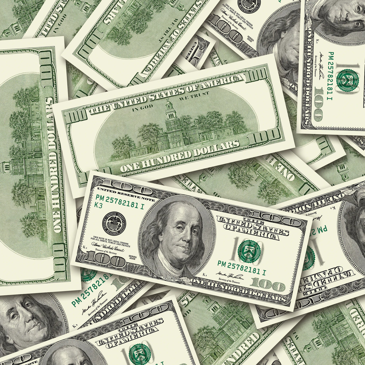 $100 2000s Close-Up prop bills with printed fronts and backs scattered randomly; one complete front and back centered.