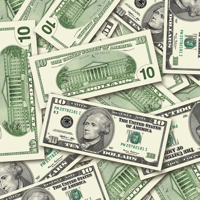 $10 2000s Close-Up prop bills with printed fronts and backs scattered randomly; one complete front and back centered.