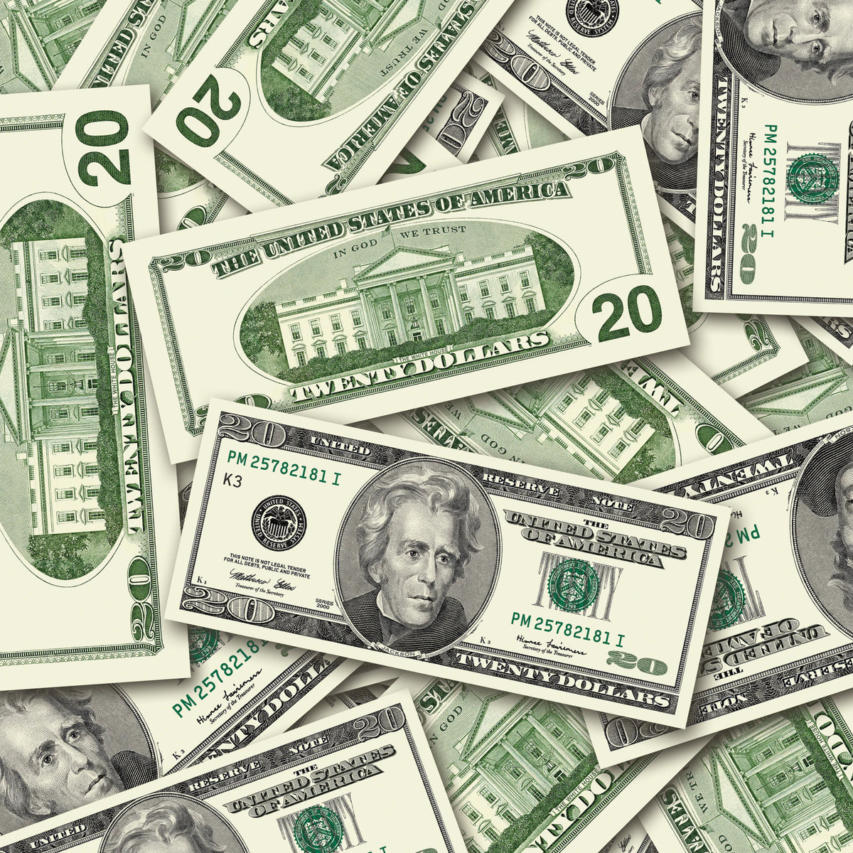 $20 2000s Close-Up prop bills with printed fronts and backs scattered randomly; one complete front and back centered.
