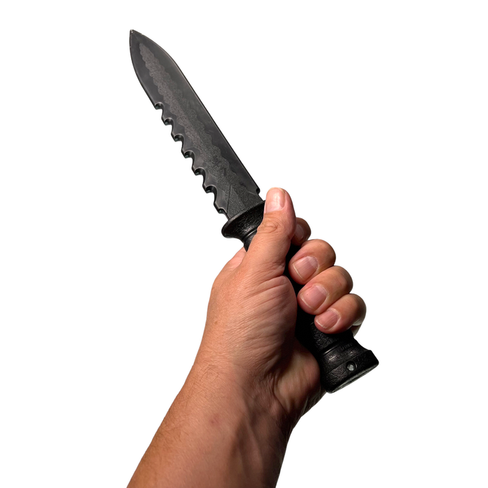 Serrated Spine Poly Training Knife with 8.5 Inch Drop Point Blade and Leather Wrapped Textured Handle Prop