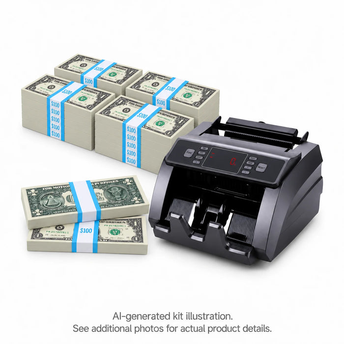AI-generated kit illustration of $1 prop money stacks with cyan bands and a money counter on white; see additional photos for actual product details