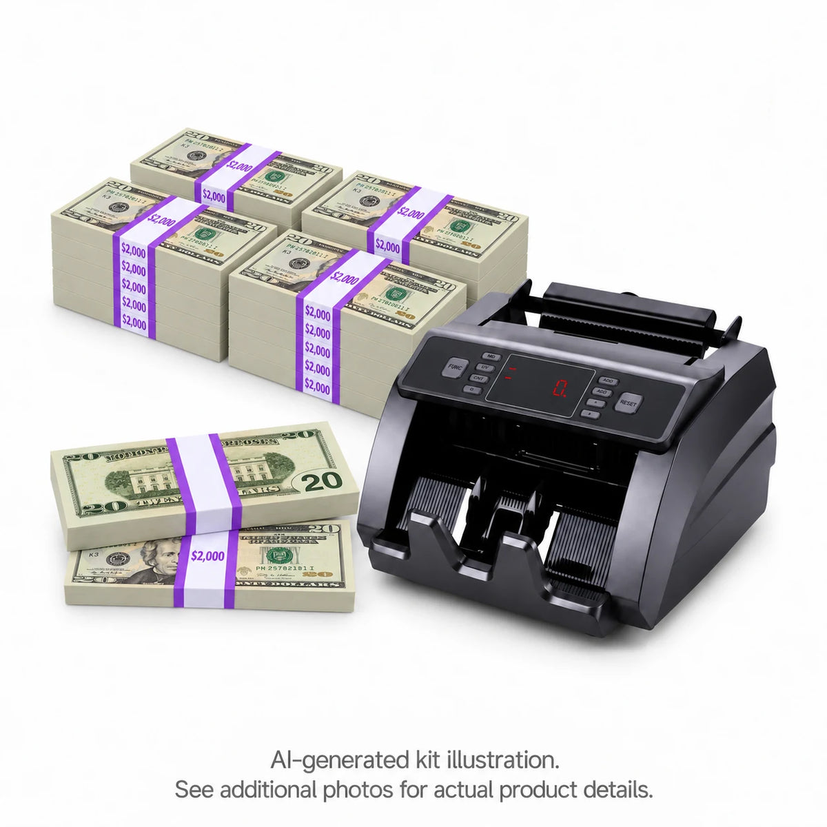 AI-generated kit illustration of $20 prop money stacks with purple bands and a money counter on white; see additional photos for actual product details