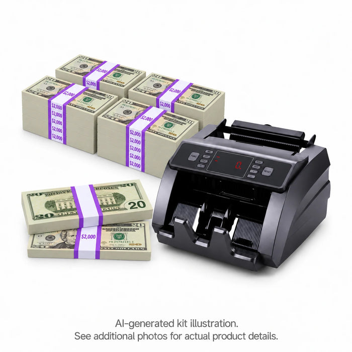 AI-generated kit illustration of $20 prop money stacks with purple bands and a money counter on white; see additional photos for actual product details
