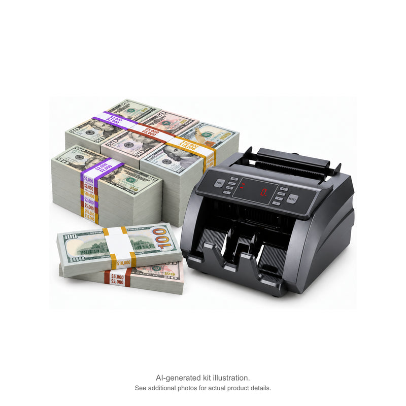 AI-generated illustration of the 25-stack mixed prop money kit with $20, $50 and $100 stacks, purple $2,000, brown $5,000 and gold $10,000 bands beside a gray money counter. See additional photos for actual product details.