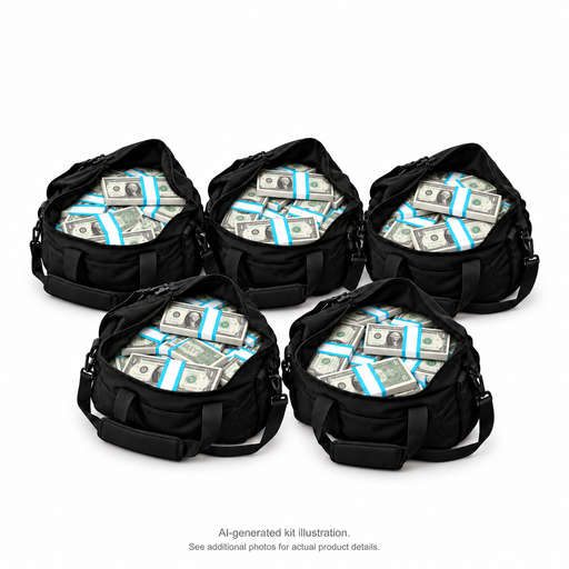 AI-generated illustration of 5 black duffel bags filled with $1 Full Print prop money stacks; 250 stacks in the kit. Money counter not included. See additional photos for actual product details.
