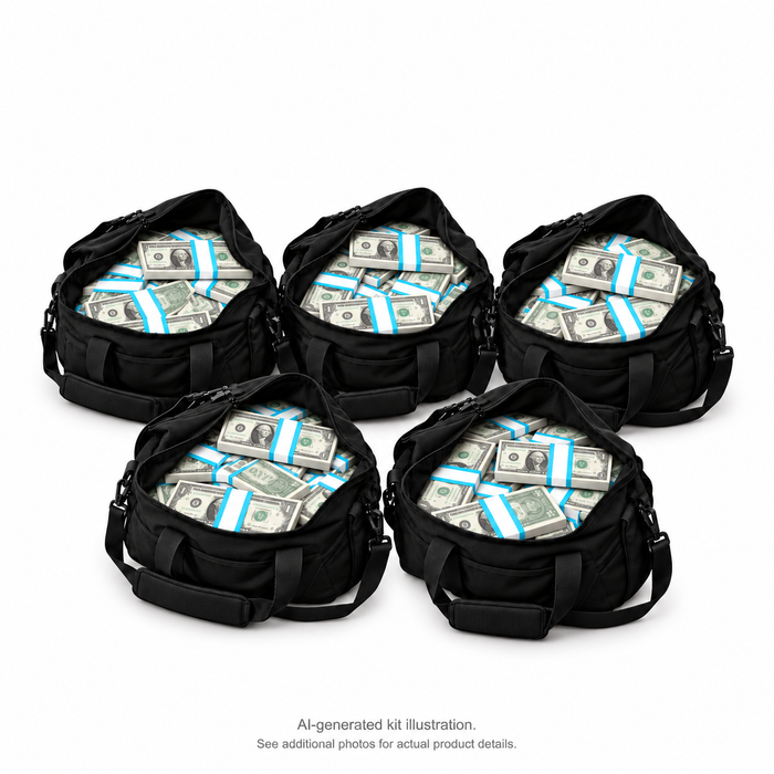 AI-generated illustration of 5 black duffel bags filled with $1 Full Print prop money stacks; 250 stacks in the kit. Money counter not included. See additional photos for actual product details.