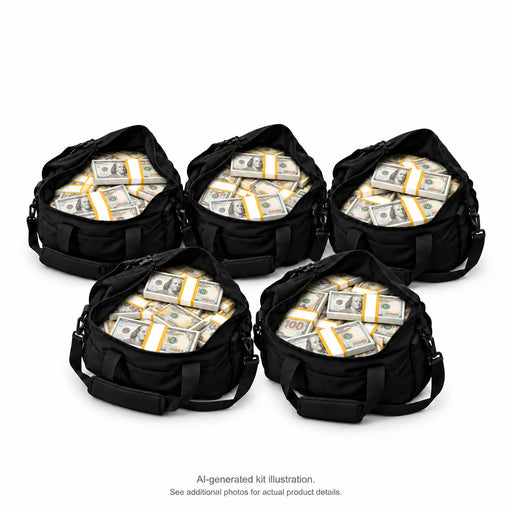 AI-generated illustration of 5 black duffel bags filled with fresh gold-banded $100 Full Print prop money stacks; 250 stacks in the kit. Money counter not included. See additional photos for actual product details.