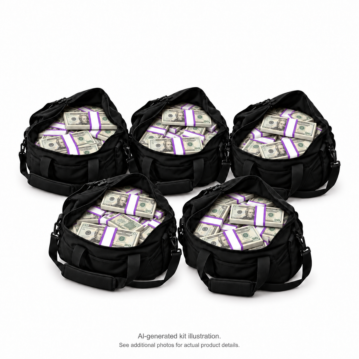 AI-generated illustration of 5 black duffel bags filled with $20 Full Print prop money stacks; 250 stacks in the kit. Money counter not included. See additional photos for actual product details.