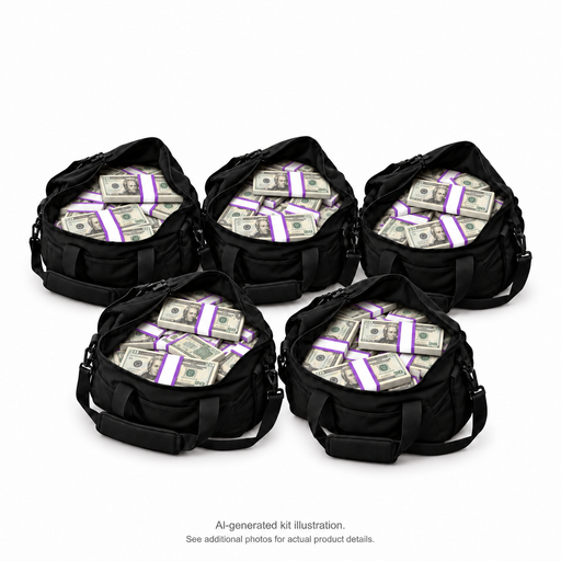 AI-generated illustration of 5 black duffel bags filled with $20 Full Print prop money stacks; 250 stacks in the kit. Money counter not included. See additional photos for actual product details.
