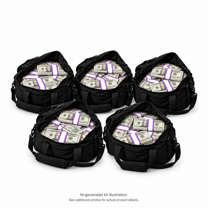 AI-generated illustration of 5 black duffel bags filled with $20 Full Print prop money stacks; 250 stacks in the kit. Money counter not included. See additional photos for actual product details.