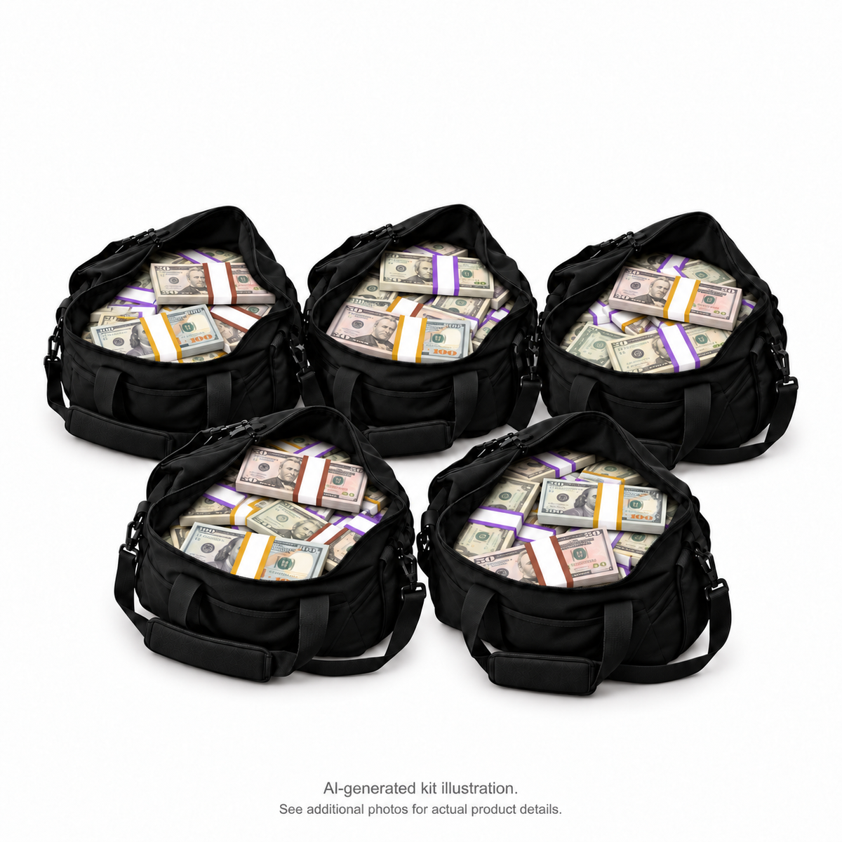 AI-generated illustration of 5 black duffel bags filled with mixed $20, $50 and $100 Full Print prop money stacks; 250 stacks in the kit. Money counter not included. See additional photos for actual product details.