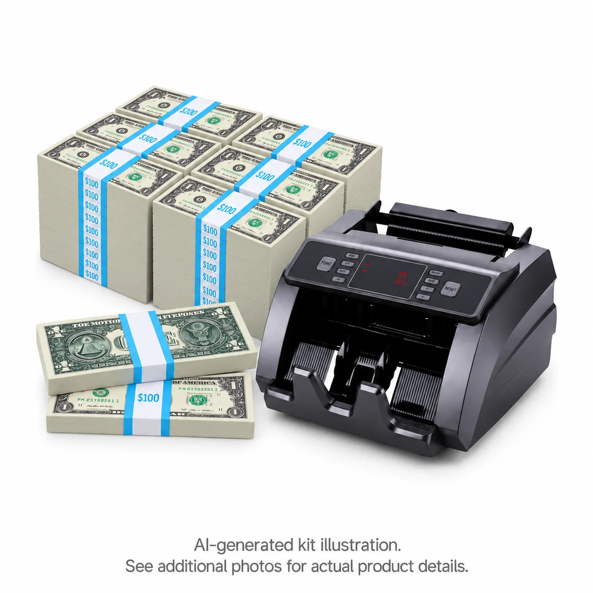 AI-generated illustration for the 50-stack $1 prop money kit, showing cyan-banded stacks and a money counter on white; see additional photos for actual product details