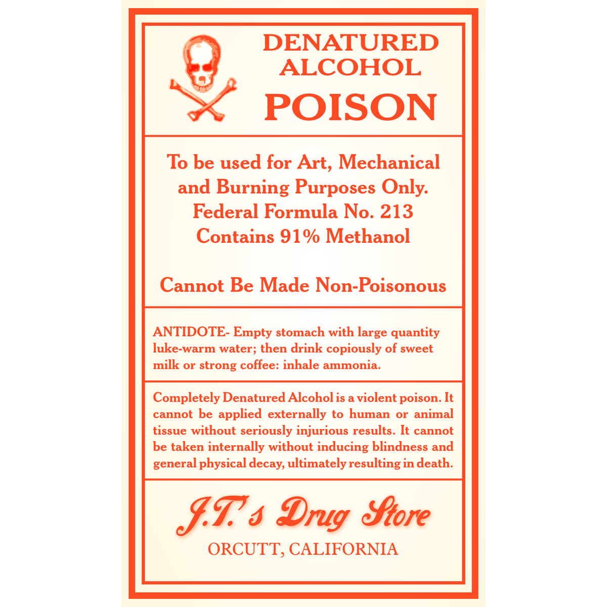 Denatured Alcohol Poison Vintage Single Self Adhesive Label - License and Royalty Free for Film Use - Prop Money Inc.