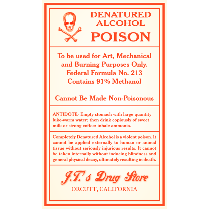 Denatured Alcohol Poison Vintage Single Self Adhesive Label - License and Royalty Free for Film Use - Prop Money Inc.