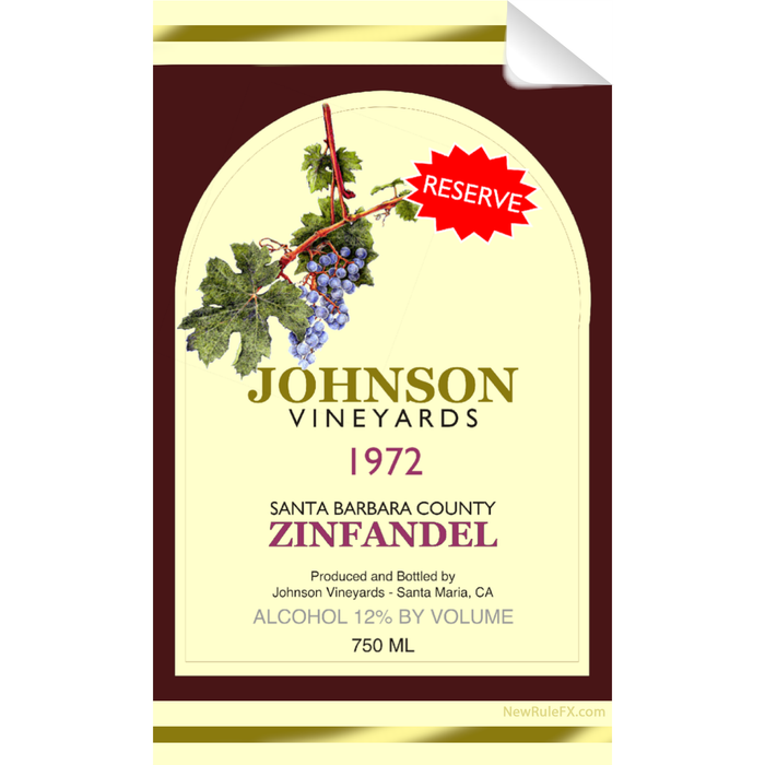 Johnson Vineyards Zinfandel Single Self Adhesive Label - License and Royalty Free for Film Use - Prop Money Inc.