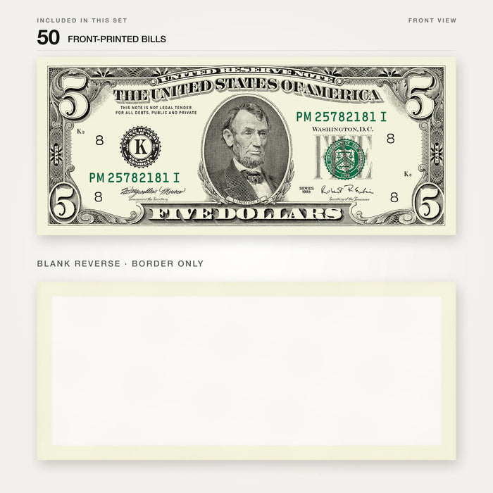 $5 1990s Close-Up prop bill: front-printed bill above its blank bordered reverse.