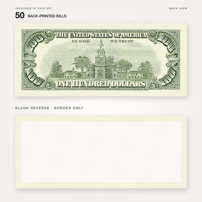 $100 1990s Close-Up prop bill: back-printed bill above its blank bordered reverse.